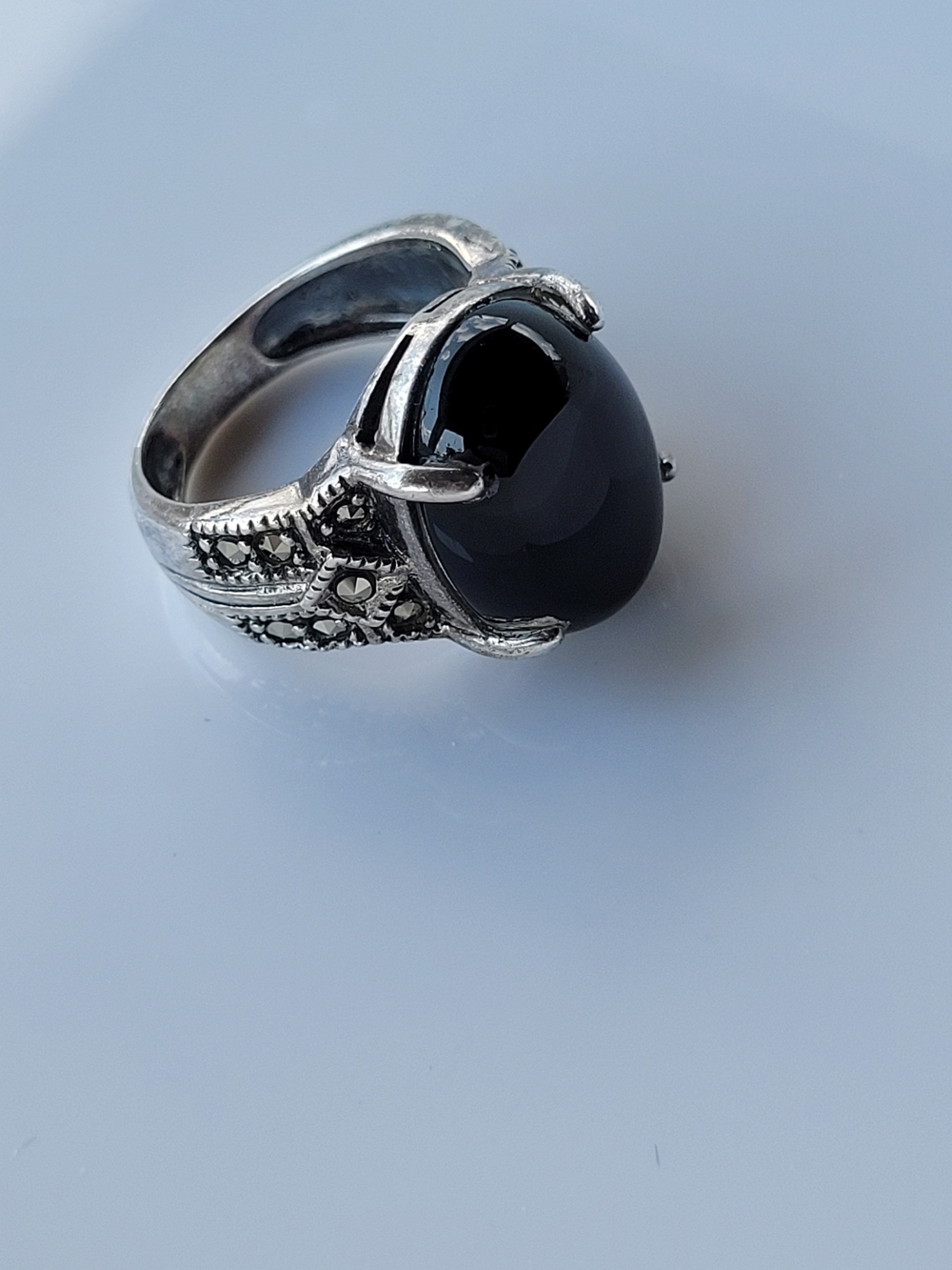 Vintage Avon 925 Sterling Silver Marcasite Black Onyx Ring - Size 6.5 / 16.9 MM